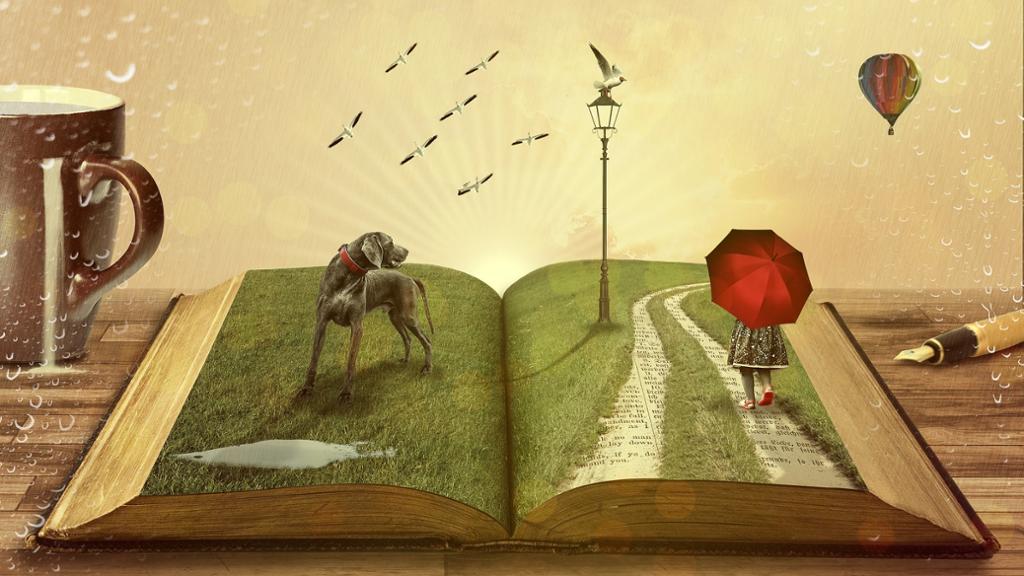 Sett gjennom vindusglass med regndråker på – åpen bok på et bord med tredimensjonale illustrasjoner av en park med lykt, hund, jente med rød paraply, fugler og en luftballong. Illustrasjon.