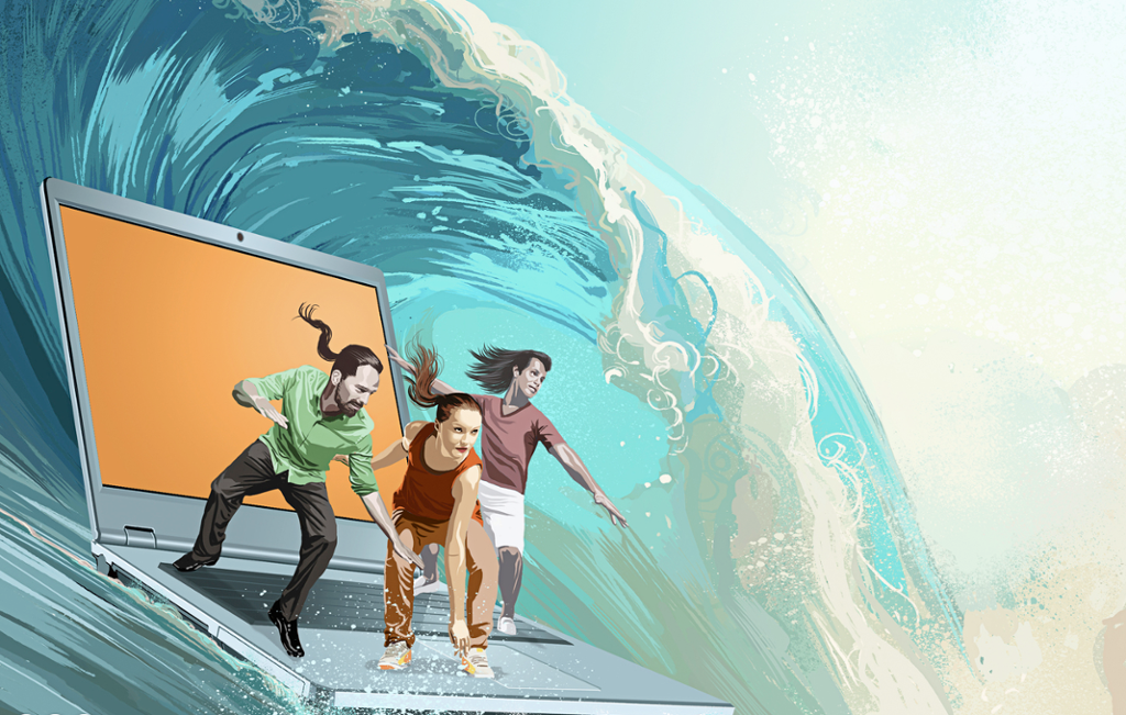 Tre unge mennesker står oppå en stor laptop og bruker den som surfebrett under en brytende bølge på havet. Illustrasjon.
