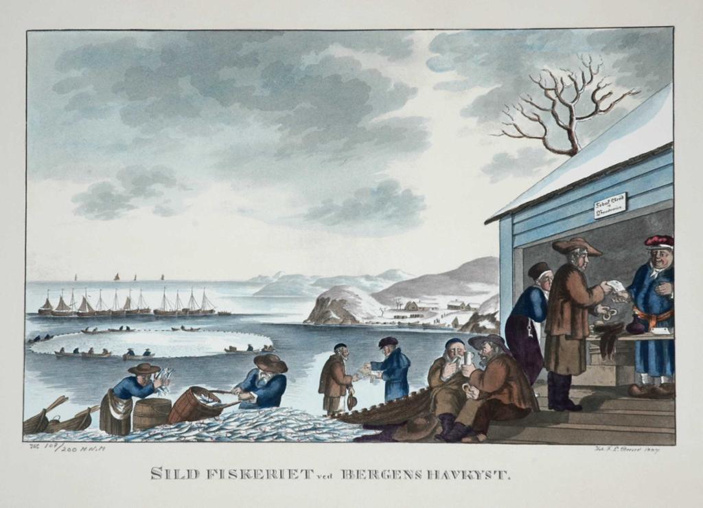 Sildefiskere ved Bergen. Fisceriscene med sild, tønner, handle og båter. Litografi.