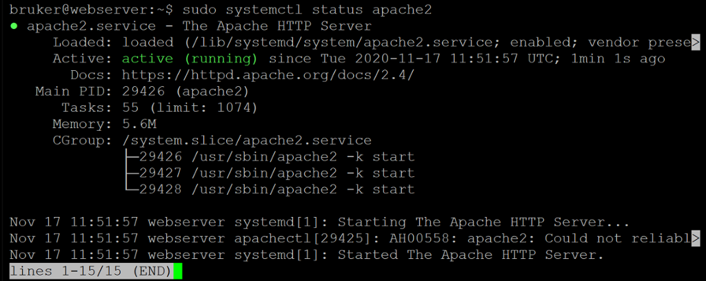 Statusrapport for Apache2 som viser at prosessen er aktiv. Nederst står det "lines 1-15/15 (end)". Skjermbilde.