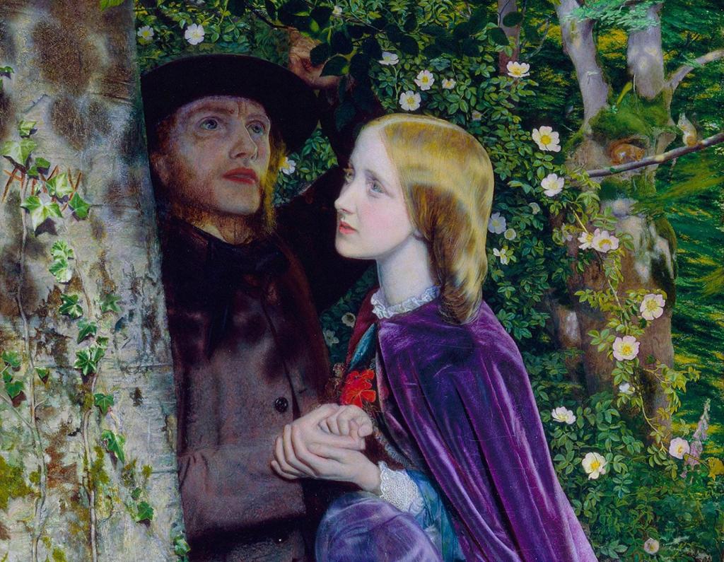 Painting: A man and a woman are standing close together, holding hands. Their clothes reveal that it is the 1800s. They are in a wood. They look towards each other, but not at each other. 