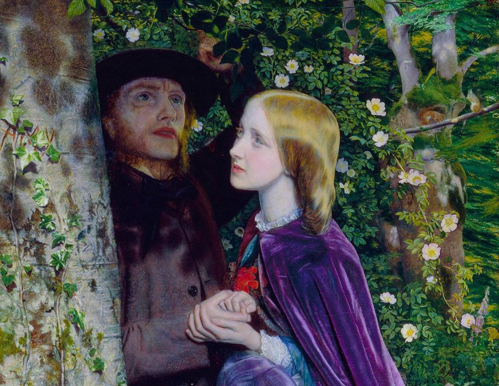 Painting: A man and a woman are standing close together, holding hands. Their clothes reveal it is the 1800s. They are in a wood. They look towards each other, but not at each other. 