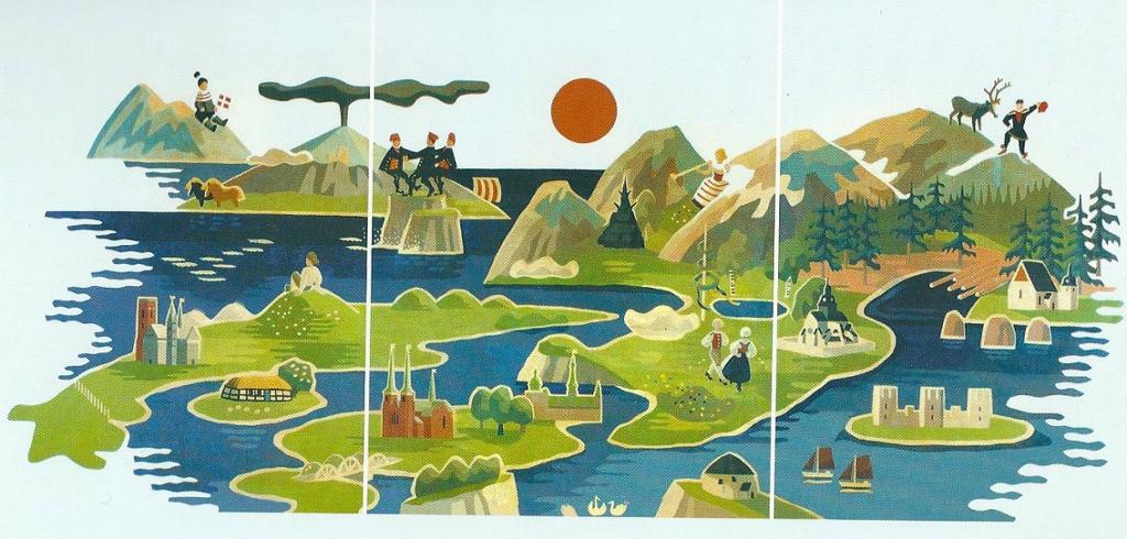Bildet viser et kart over de nordsike land men kjente bygninger, flagg og mennesker i folkedrakter. Illustrasjon.