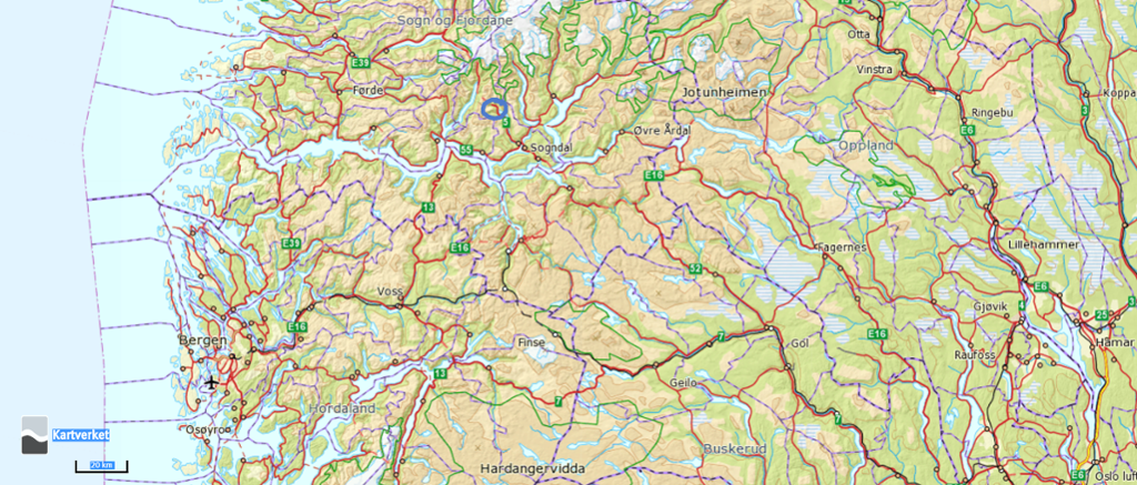 Kartutsnitt Sør-Norge. Skjermdump.