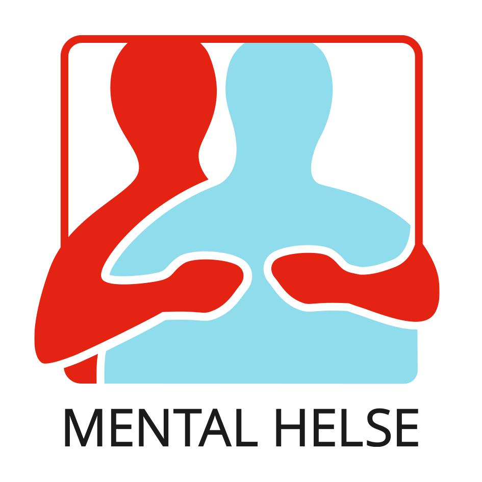 Logoen til Mental Helse. Stilisert bilde av en rød person som holder armene rundt en blå person. Under står det "Mental Helse" med store bokstaver. Illustrasjon. 