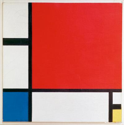 Komposisjon i rød, blå og gul. Malt i 1930 av Piet Mondrian. Maleri.