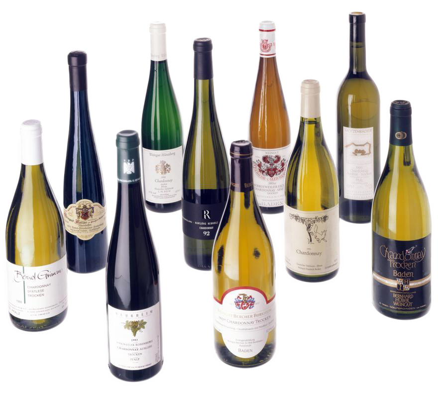 Flasker med ulike hvitviner fra Tyskland. Foto.
