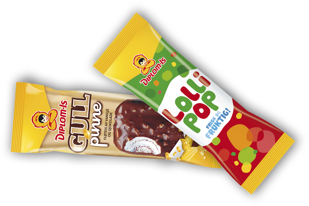 Bilde av ispinnene Gullpinne og Lollipop fra Diplom-Is.
