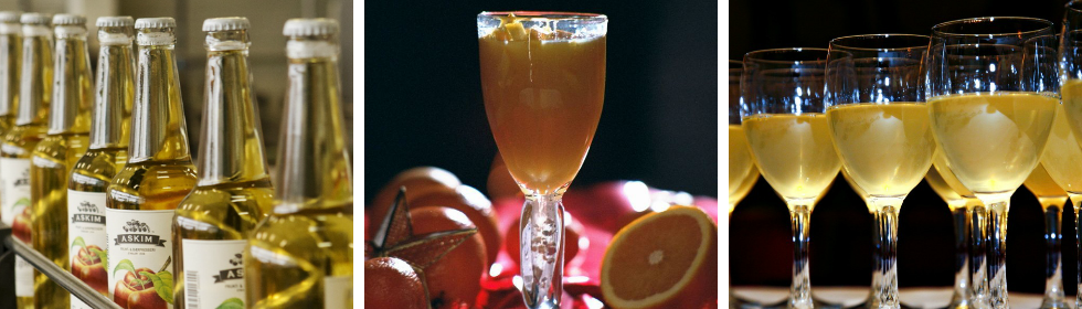 Sammenstilling av tre bilder der det første inneholder glassflasker med eplemost, det andre et stettglass med appelsinjuice og det tredje mange stettglass med cider. Kollasj.