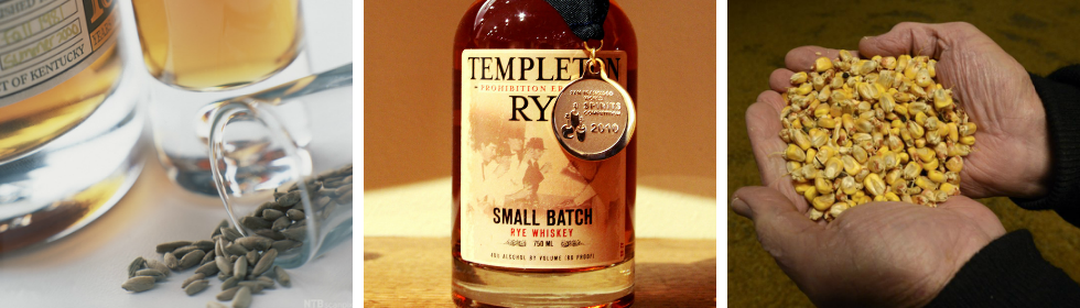 Kollasj: Amerikansk Whiskey - Glass med Sazerac Rye whiskey, Templeton Rye Whiskey og Spiret mais til whiskey.