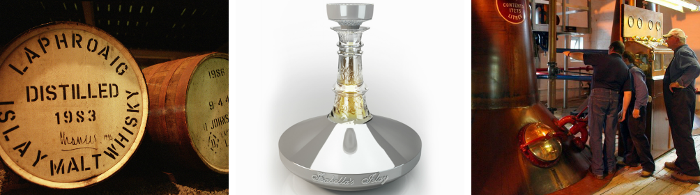 Kollasj: Skotsk whisky - Tønner med whisky på Laphroaig destilleri, dekanter med hvitt gull og diamanter og Bruichladdich whiskydestilleri.