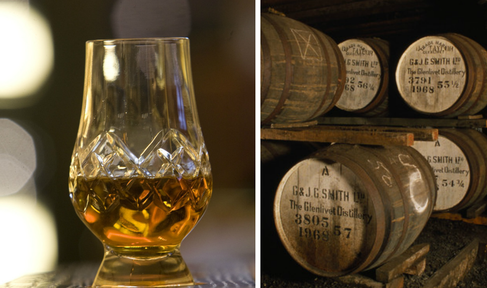 Kollasj: Ett glass med whisky og tønner fra en kjeller.