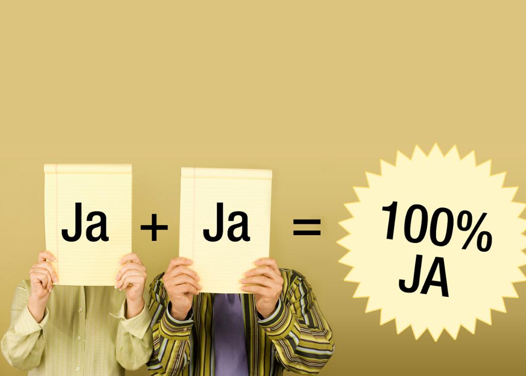 "Ja" pluss "ja" er lik hundreprosent "Ja". Illustrasjon