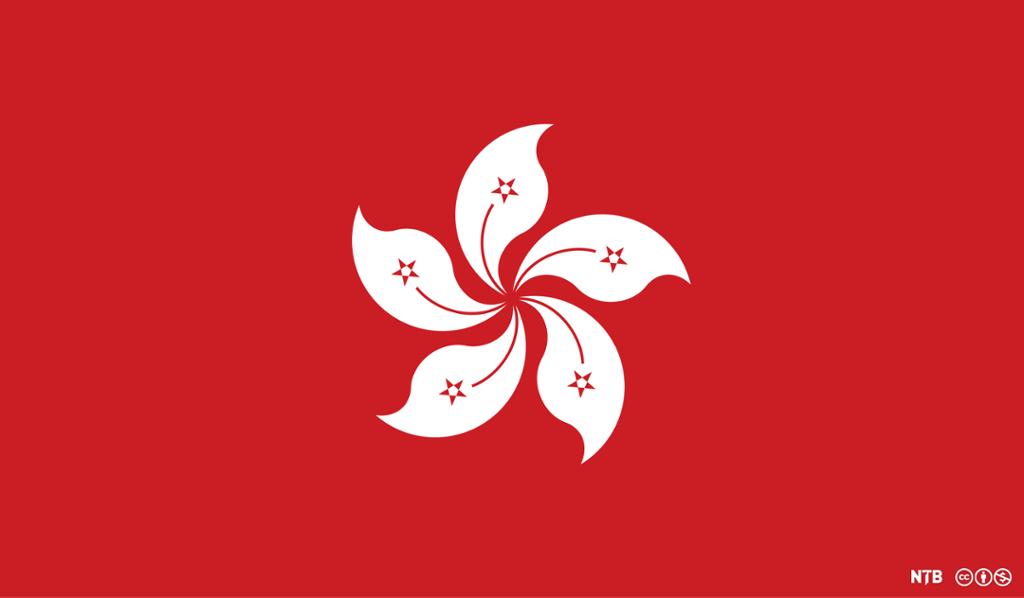 The flag of Hong Kong. The flag is red with a white flower in the middle.