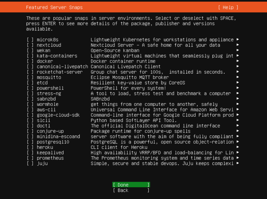 Liste over programmer/funksjoner som kan installeres, avkrysningsruter for hver linje. Skjermbilde fra Ubuntu Server 20.04