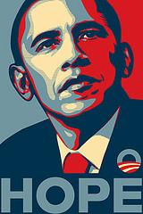 Shepard Faireys plakat med teikning av Barack Obama og ordet HOPE. Illustrasjon.