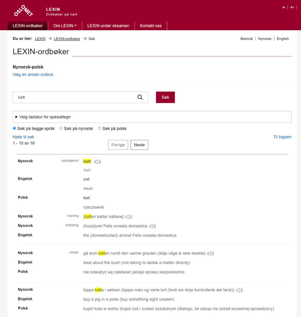 Bilete frå ordboka "LEXIN" med ordet "katt" på nynorsk og polsk. Det er både omsetjing og døme på bruken av ordet. Skjermbilete.