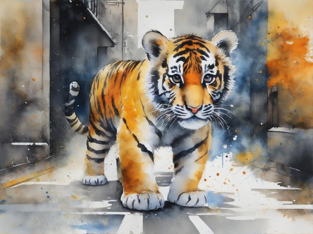 Tigerunge på ei gate. Illustrasjon.