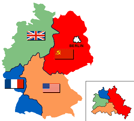 Kart som viser de fire okkupasjonssonene i Tyskland og i Berlin etter andre verdenskrig. Flaggene til de fire okkupasjonsmaktene markerer hver sine soner: Storbritannia i nord, Frankrike i vest langs grensa mellom de to landa, USA i sørøst, mens Sovjetunionen har den nordøstlige delen av Tyskland. Berlin ligger midt i den sovjetiske sonen og er også delt mellom de samme landene. Kart.