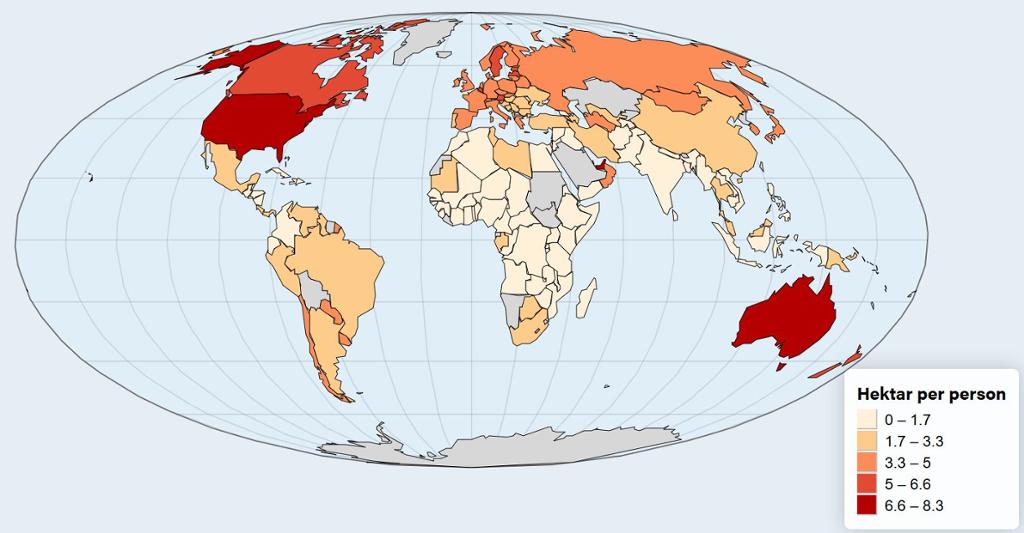 Verdenskart som viser landenes økologiske fotavtrykk. Grafikk.