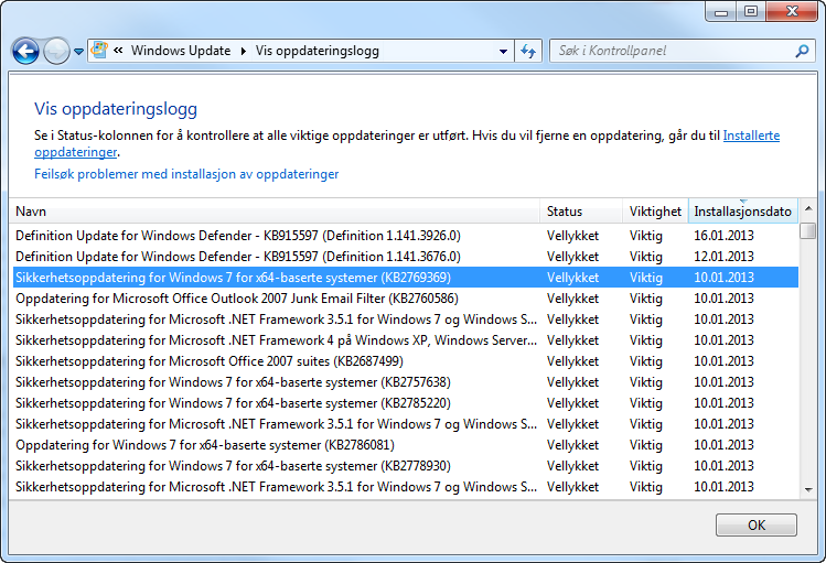 Oppdateringslogg i Windows