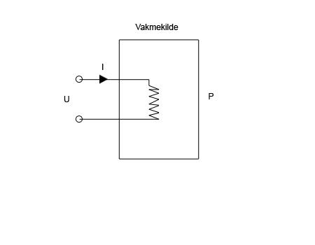 I en varmekilde regnes effekten (P) som spenning  (U) ganger strømstyrke (I). Skjema.