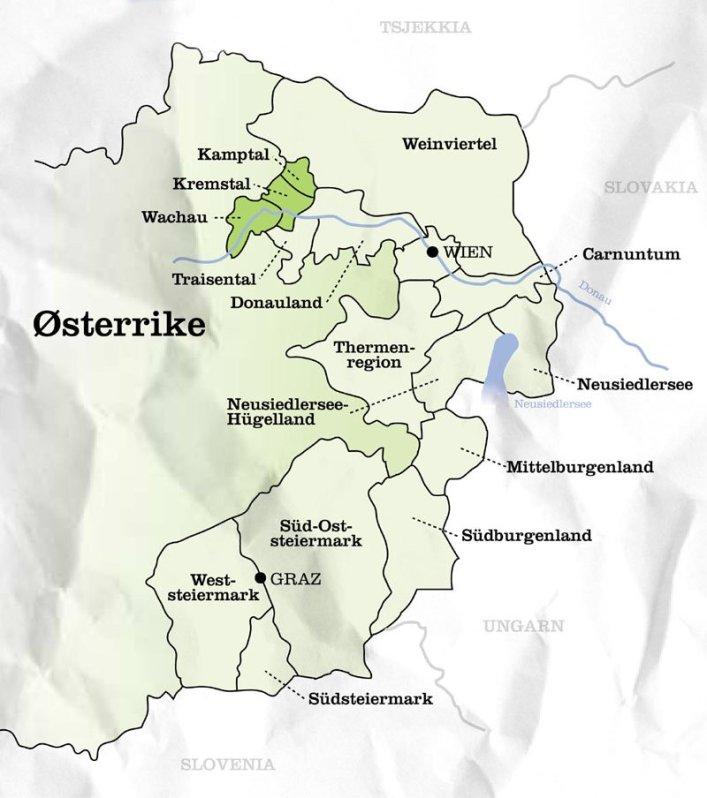 Kart over vinregionene i Østerrike. Foto.
