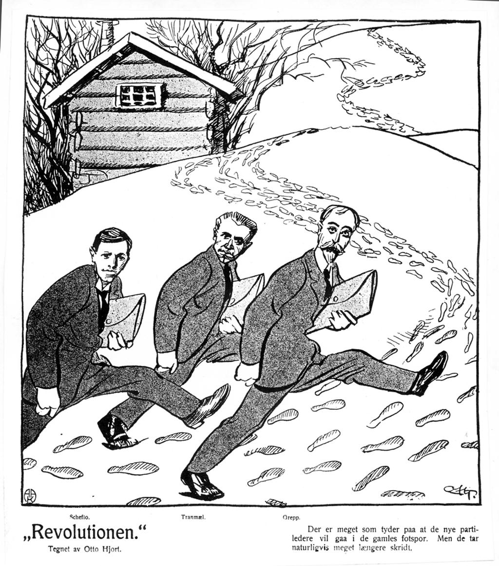 Karikaturtegning som forestiller Scheflo, Tranmæl og Grepp som går med lange steg i snøspor. Underteksten lyder "Det er meget som tyder paa at de nye partilederne vil gaa i de gamles fotspor. Men de tar naturligvis meget længre skritt". Tegning