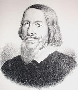 Portrett i halvfigur av mann med halvlangt hår og velstelt skjegg og bart. Illustrasjon.