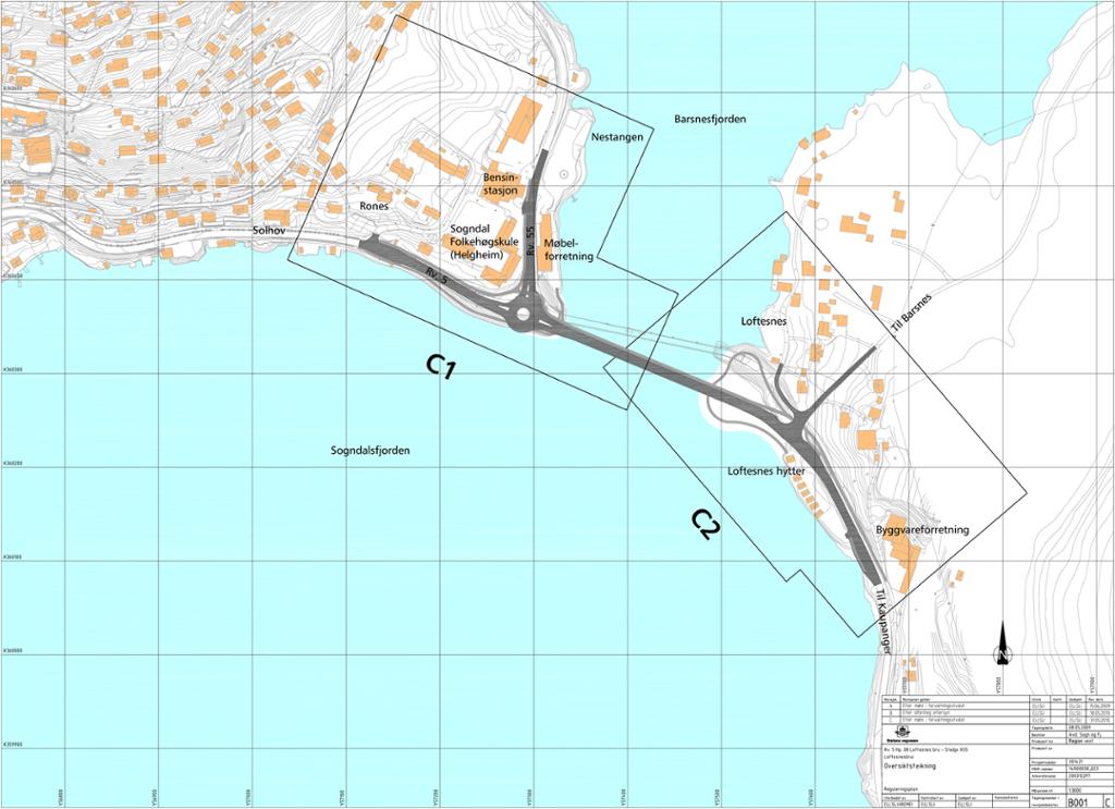 Kart der to felt er teikna inn delvis overlappande på midten av ei bru. Dei to felta mer merkte med C1 og C2. Illustrasjon.