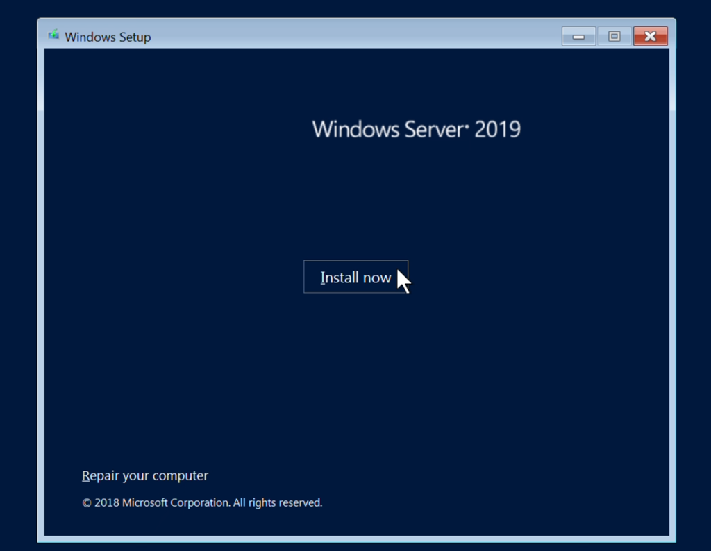 Vindauge med vala "install now" og "Repair your computer". Skjermbilete frå Windows Server 2019