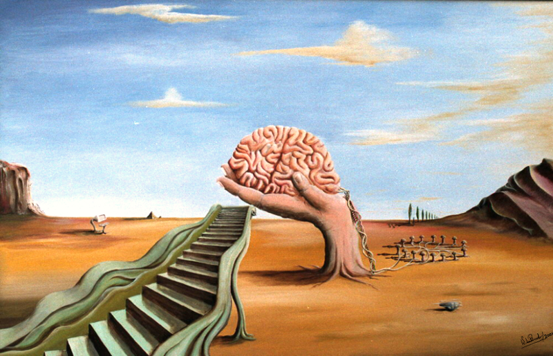 En trapp fører opp til en hånd som holder en hjerne. Maleri.