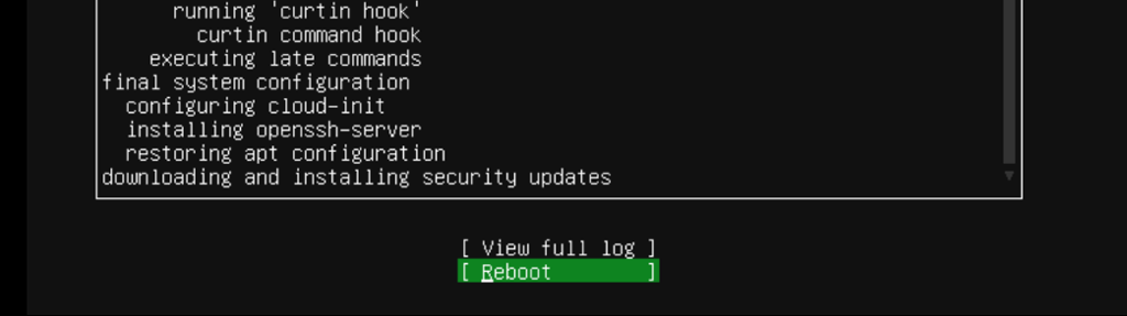 Valget "Reboot" er synlig på bunnen av skjermen. Skjermbilde fra Ubuntu Server 20.04