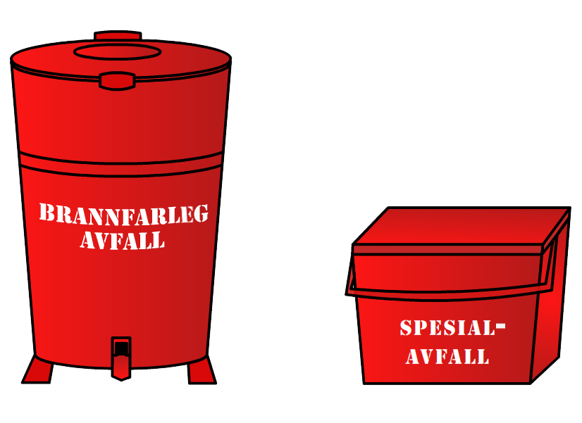 To søppeldunker, ein for brannfarlig avfall og ein for spesialavfall. Illustrasjon.