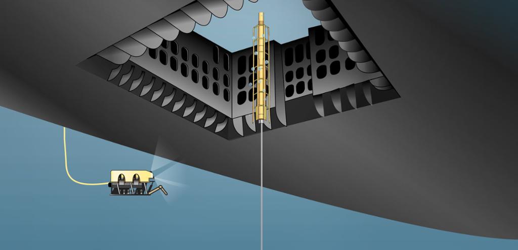 Fra undersiden av et skip vises en isolert åpning som gir tilgang til brønnen på havbunnen fra dekket på overflaten. En ROV er på vakt når et verktøy senkes ned gjennom hullet som kalles en moonpool. Illustrasjon.