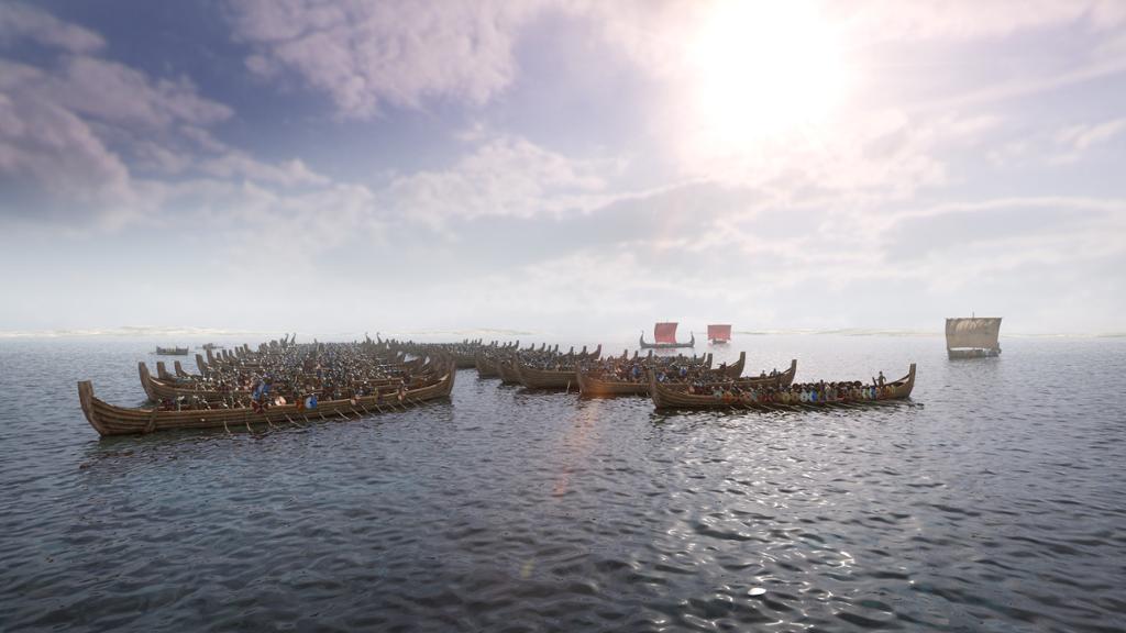 Flere roskip med folk ombord og skjold langs ripene. Roskipene står mot hverandre ute på havet. I bakgrunnen ser vi tre langskip med seil. Illustrasjon. 