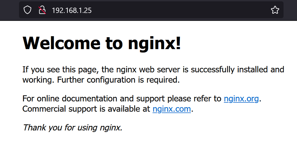 Nettleserutklipp med teksten "Welcome to nginx!" øverst. Skjermbilde.