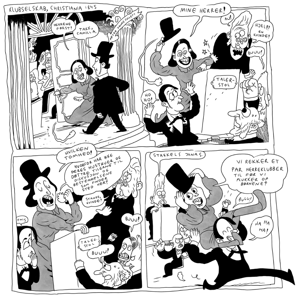 Tegneseriestripe som viser Camilla Collett som går på talerstolen i en herreklubb. Alle menn rundt er forskrekka og buer på henne. Illustrasjon.