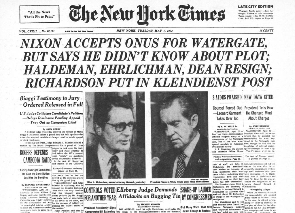 Front page of the New York Times about the Watergate Scandal. 