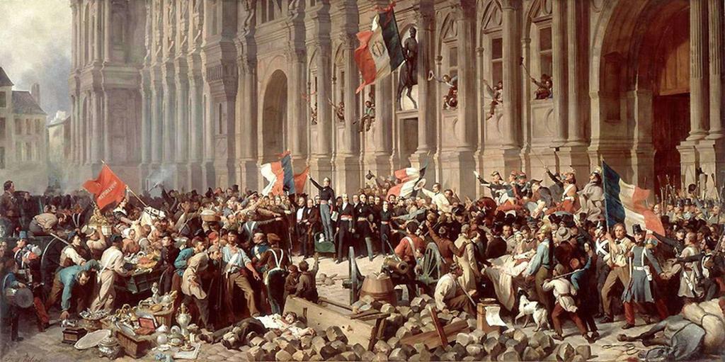 Den franske dikteren og politikeren Lamartine utenfor rådhuset i Paris under Februarrevolusjonen i 1848. Han er omringet av folk med franske flagg og et stort rødt flagg. Maleri.