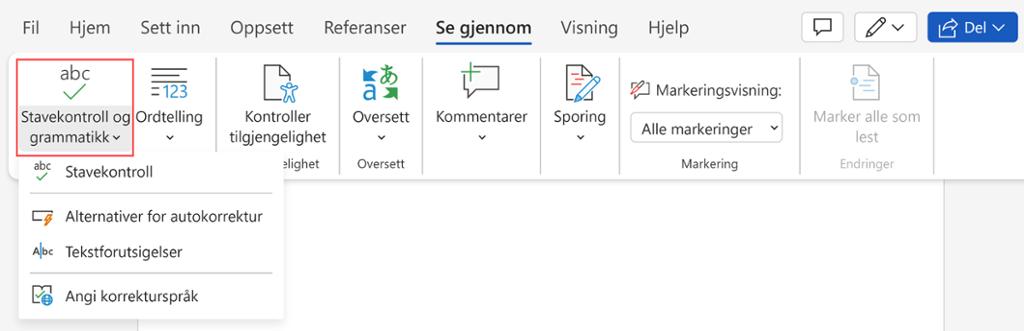 Stave- og grammatikkontroll i Word online. Skjermdump.