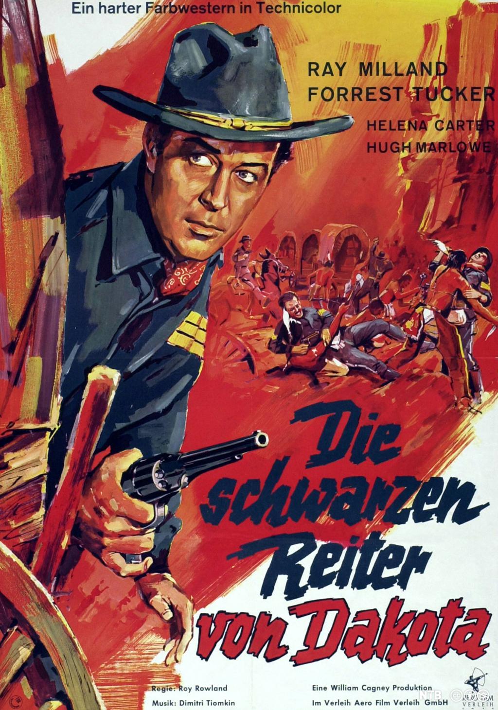 En eldre filmplakat fra "ville vesten" med en revolvermann i forgrunnen og en gruppe indianere som angriper hvite menn i bakgrunnen.