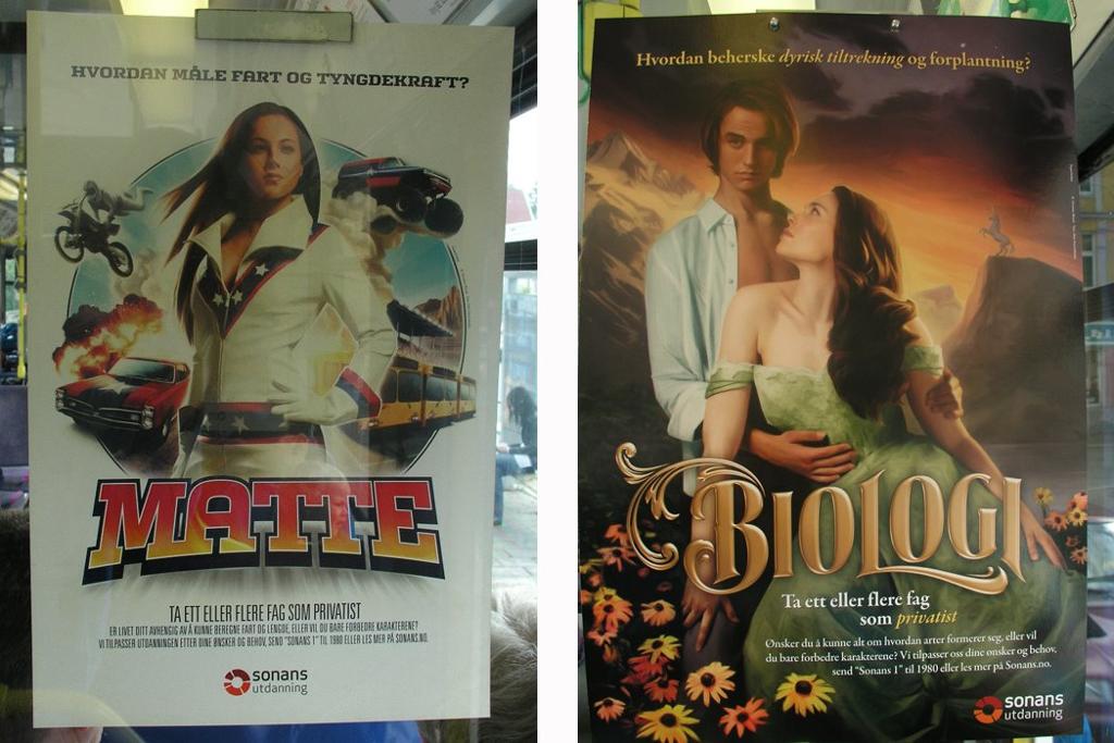 Reklameplakater for fagene Matte og Biologi. Foto.