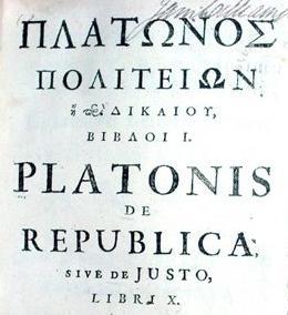 Forside av Platons "Staten", 1713-utgave. Foto av bok.