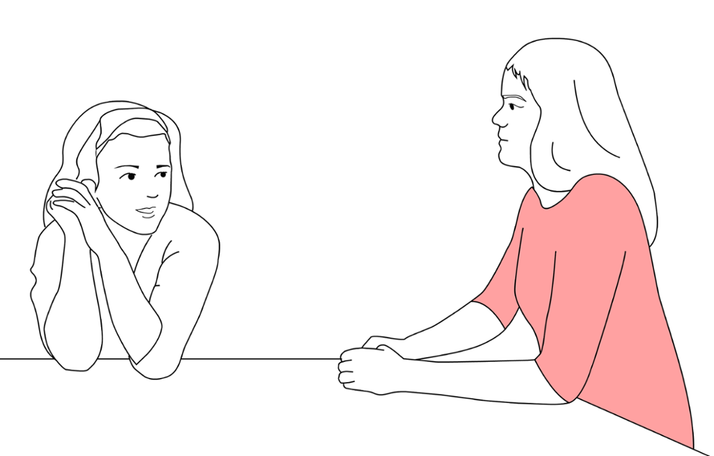 Jente og voksen dame sitter ved et bord og samtaler. Illustrasjon.