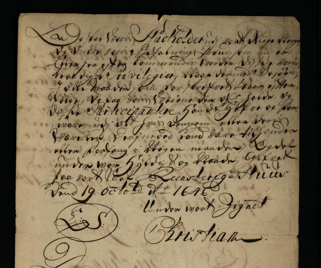 Kilde med gotisk skrift. Christian de 4.s privilegier for Røros verk av av 19. oktober 1646. Scannet kilde.
