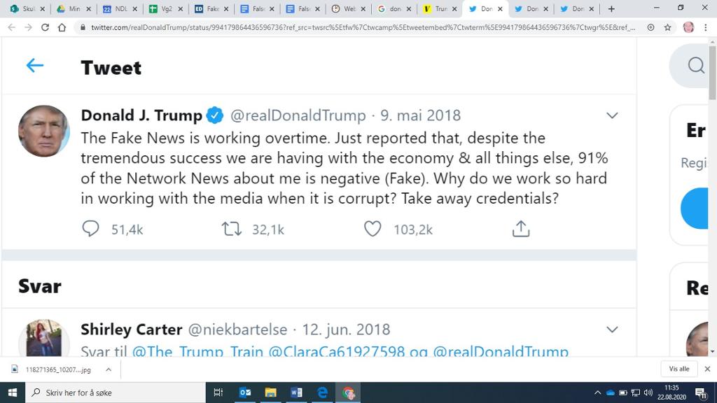 Twitter-melding fra 2018 der president Donald Trump beskylder mediene for å være korrupte. Faksimile.