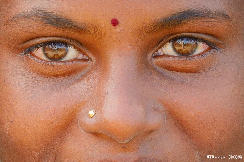 Indisk jente med bindi og nesepiercing. Foto.
