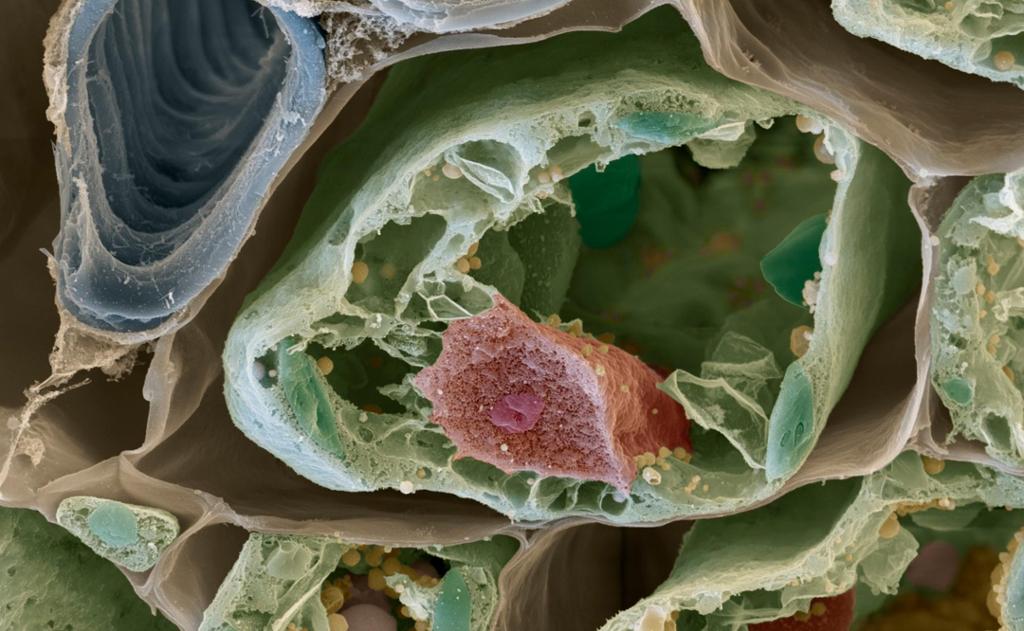 Tverrsnitt av et blad. I midten er en plantecelle med tydelig cellekjerne og et stort, åpent rom der vakuolen har vært. Foto tatt med elektronmikroskop. 
