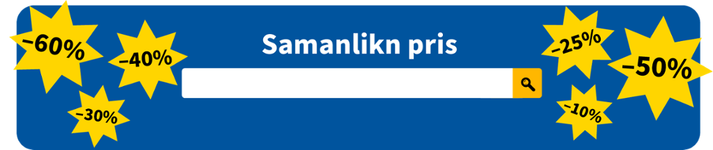 Prissøkmeny med teksten "Samanlikn pris" over eit søkefelt. I tillegg er det gule stjerner med ulike prosentrabattar på blå bakgrunn. Illustrasjon.